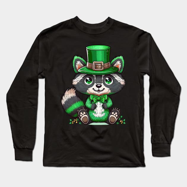 Raccoon Leprechaun Funny Raccoon Lover Shamrock St Patrick's Day Long Sleeve T-Shirt by Ai Wanderer